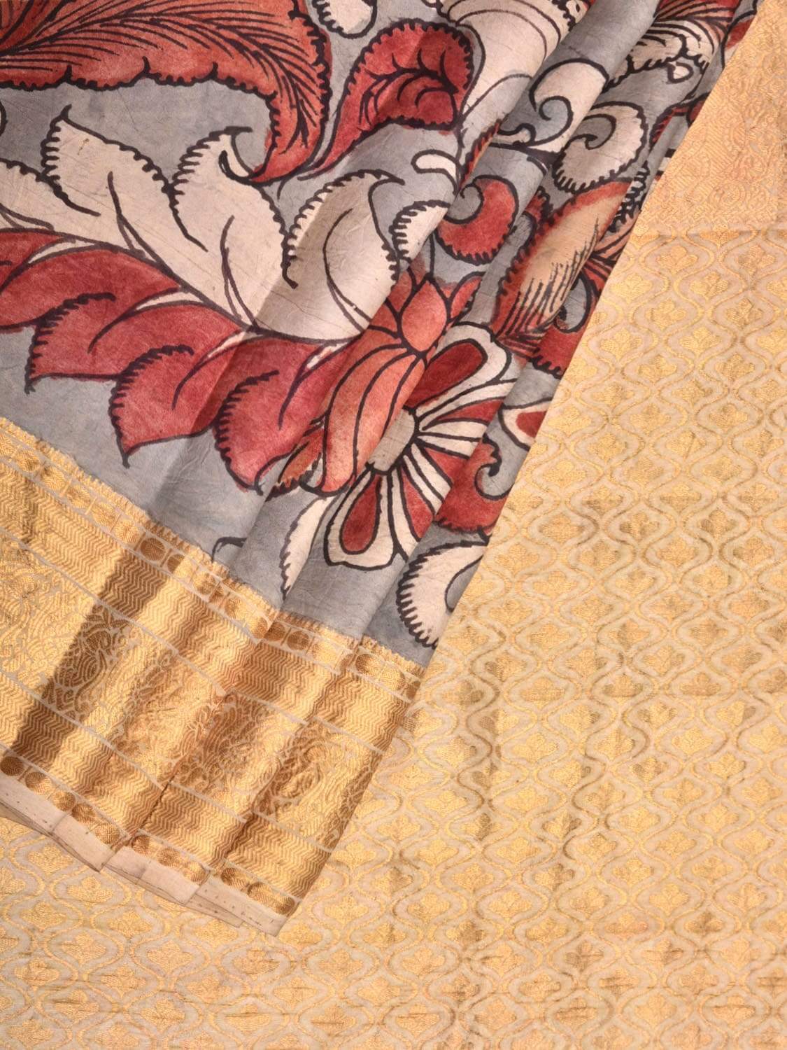 Light Grey Kalamkari Hand Painted Kanchipuram Silk Handloom Saree with Flowers Design KL0419
