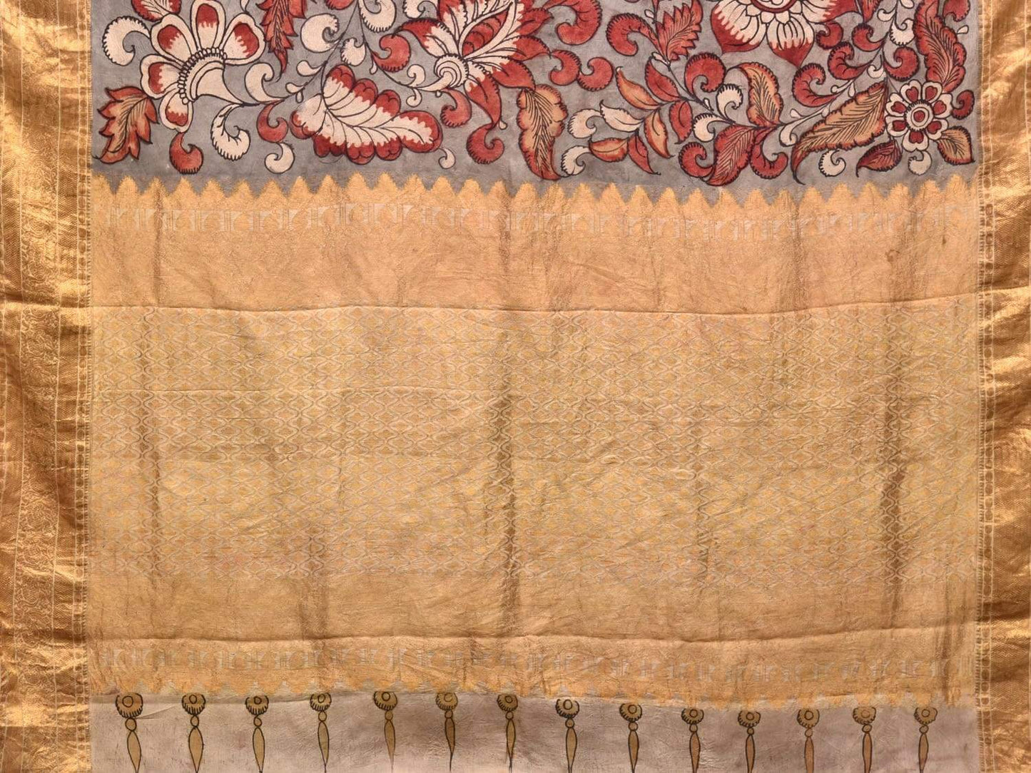 Light Grey Kalamkari Hand Painted Kanchipuram Silk Handloom Saree with Flowers Design KL0419