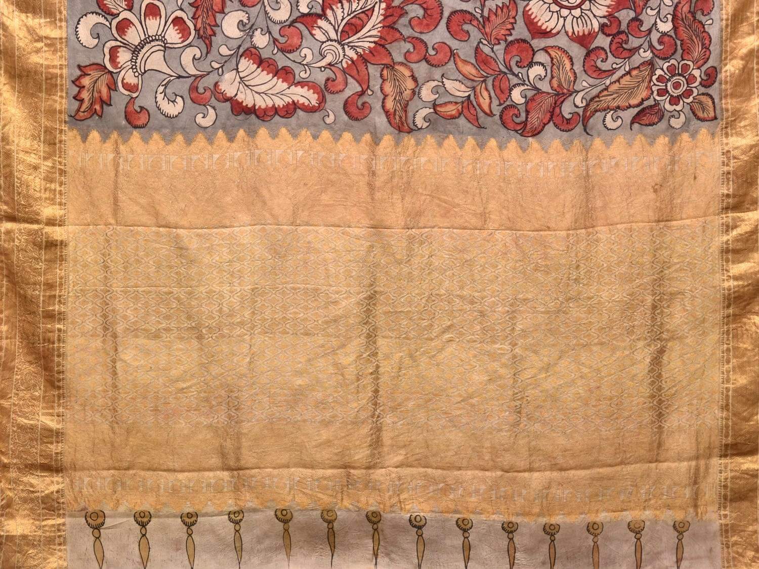 Light Grey Kalamkari Hand Painted Kanchipuram Silk Handloom Saree with Flowers Design KL0419