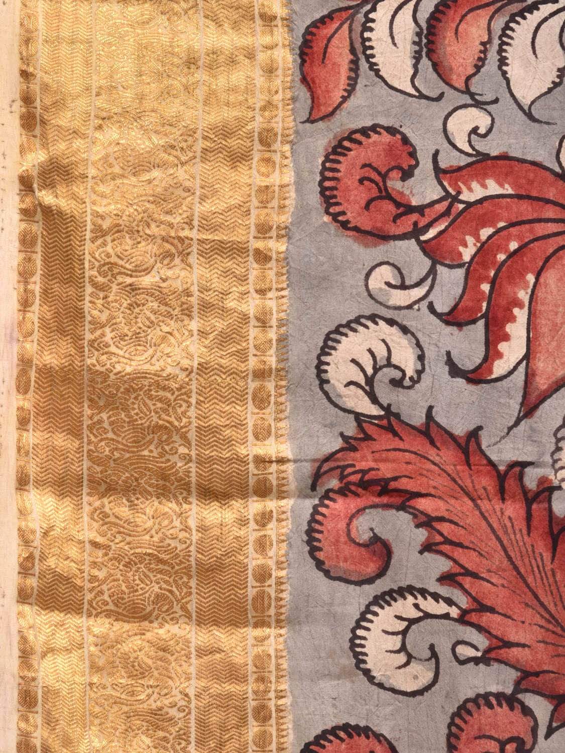 Light Grey Kalamkari Hand Painted Kanchipuram Silk Handloom Saree with Flowers Design KL0419