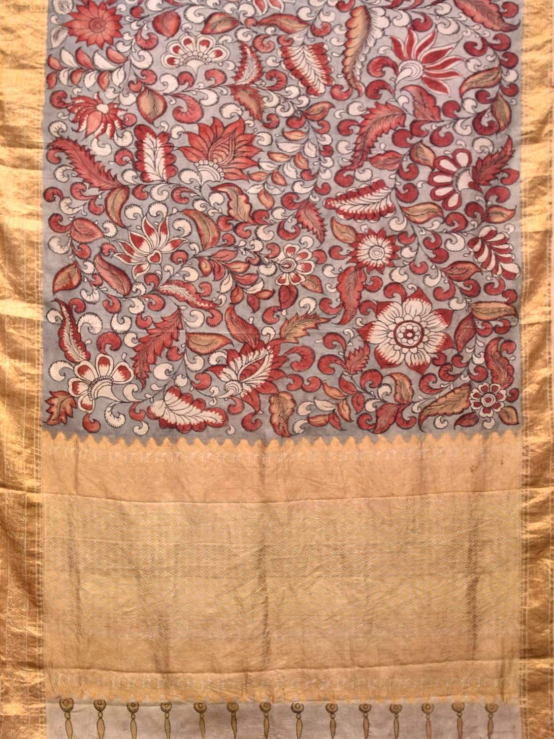 Light Grey Kalamkari Hand Painted Kanchipuram Silk Handloom Saree with Flowers Design KL0419