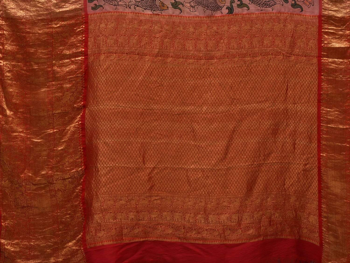 Light Grey Kalamkari Hand Painted Kanchipuram Silk Handloom Saree with Lotus and Fishes Design KL0551