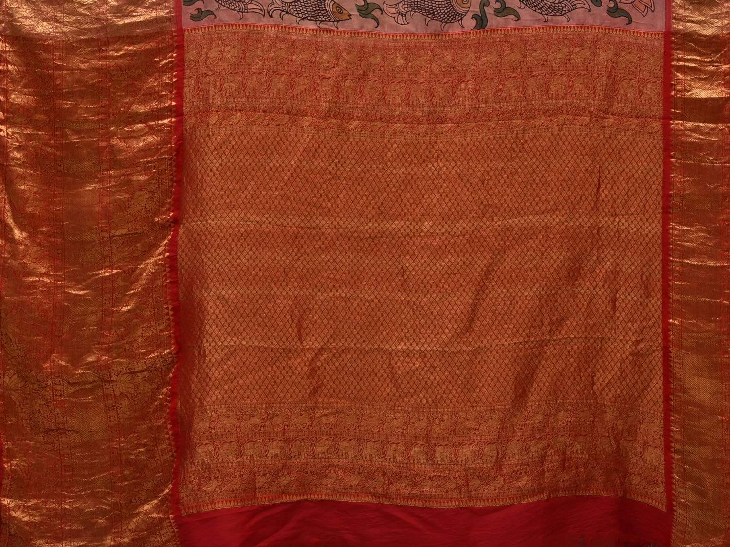 Light Grey Kalamkari Hand Painted Kanchipuram Silk Handloom Saree with Lotus and Fishes Design KL0551
