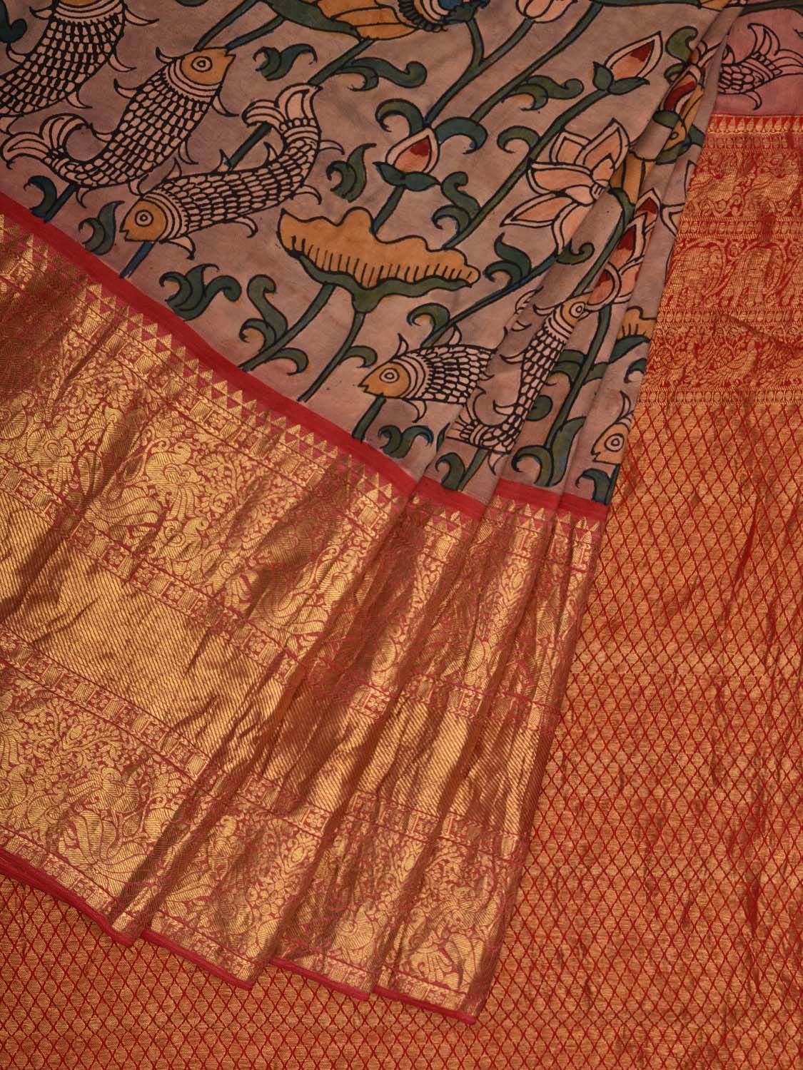 Light Grey Kalamkari Hand Painted Kanchipuram Silk Handloom Saree with Lotus and Fishes Design KL0551
