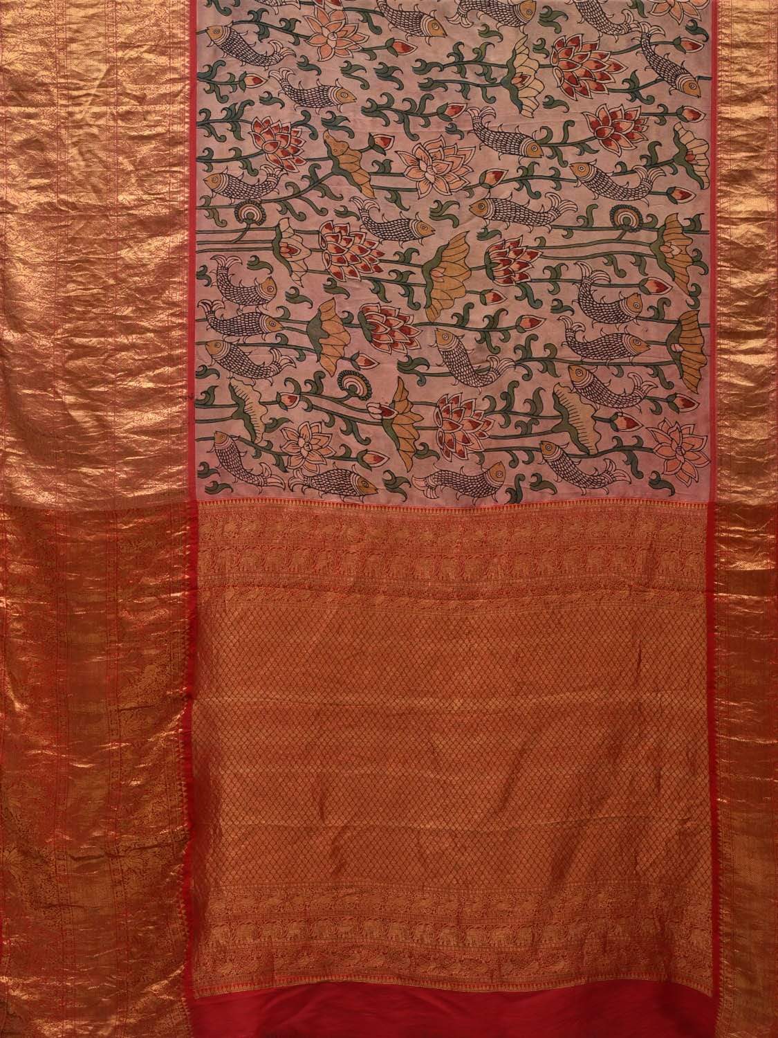 Light Grey Kalamkari Hand Painted Kanchipuram Silk Handloom Saree with Lotus and Fishes Design KL0551
