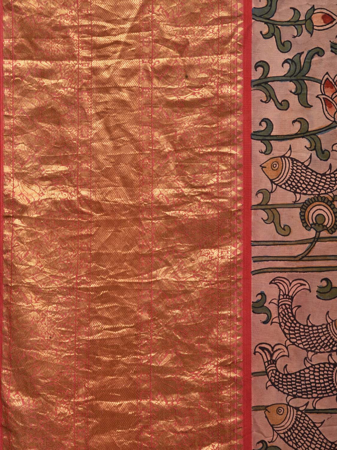 Light Grey Kalamkari Hand Painted Kanchipuram Silk Handloom Saree with Lotus and Fishes Design KL0551