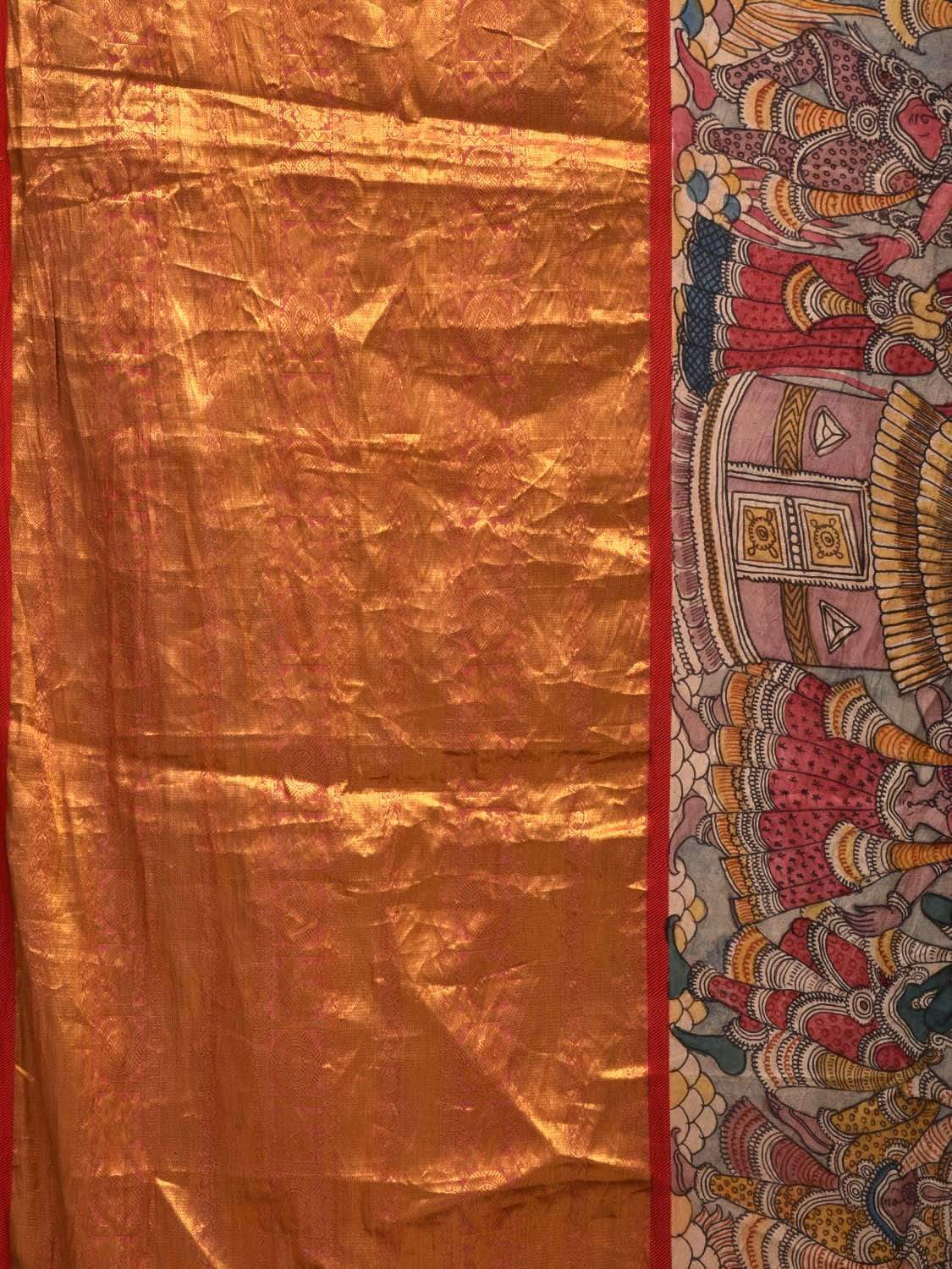 Light Grey Kalamkari Hand Painted Kanchipuram Silk Handloom Saree with Village Life Design KL0448