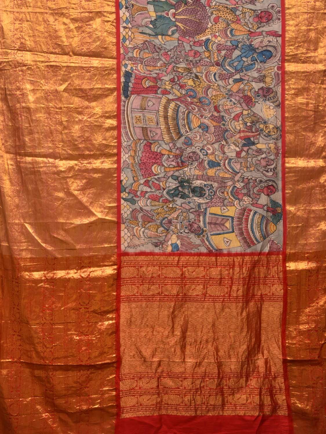Light Grey Kalamkari Hand Painted Kanchipuram Silk Handloom Saree with Village Life Design KL0448