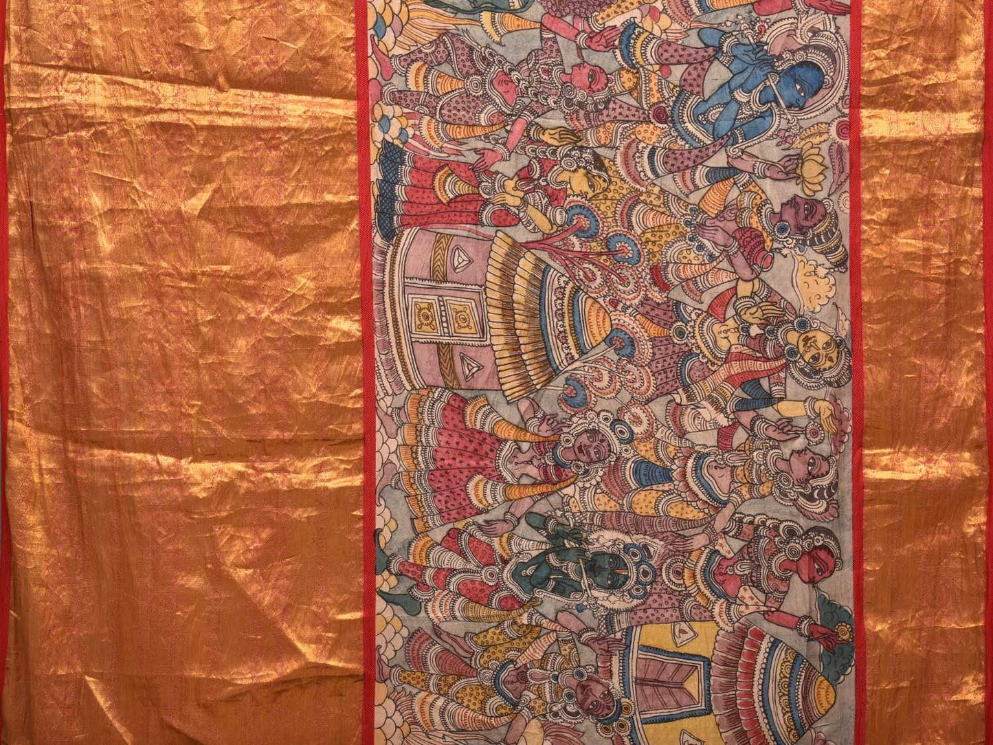 Light Grey Kalamkari Hand Painted Kanchipuram Silk Handloom Saree with Village Life Design KL0448