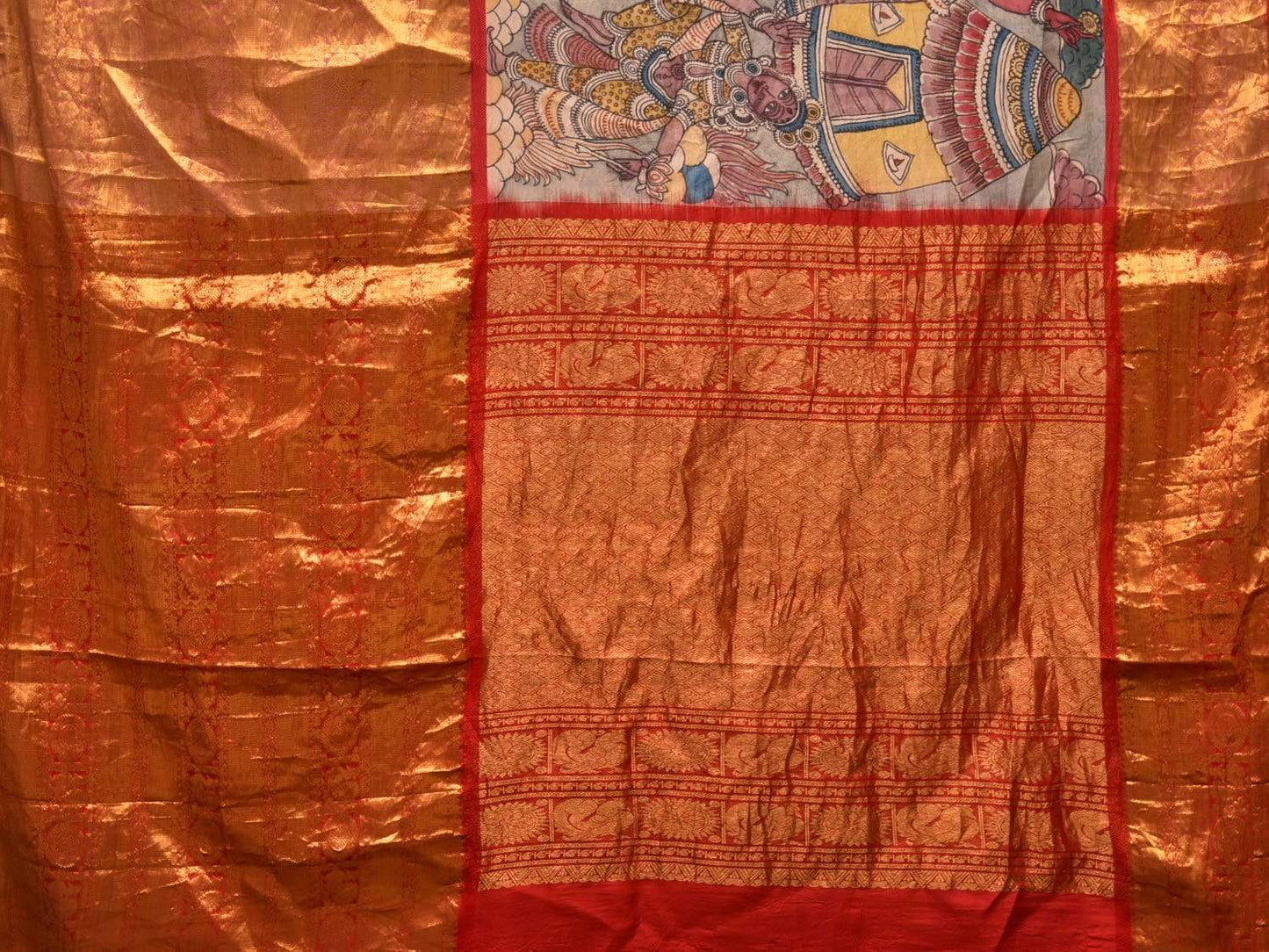 Light Grey Kalamkari Hand Painted Kanchipuram Silk Handloom Saree with Village Life Design KL0448