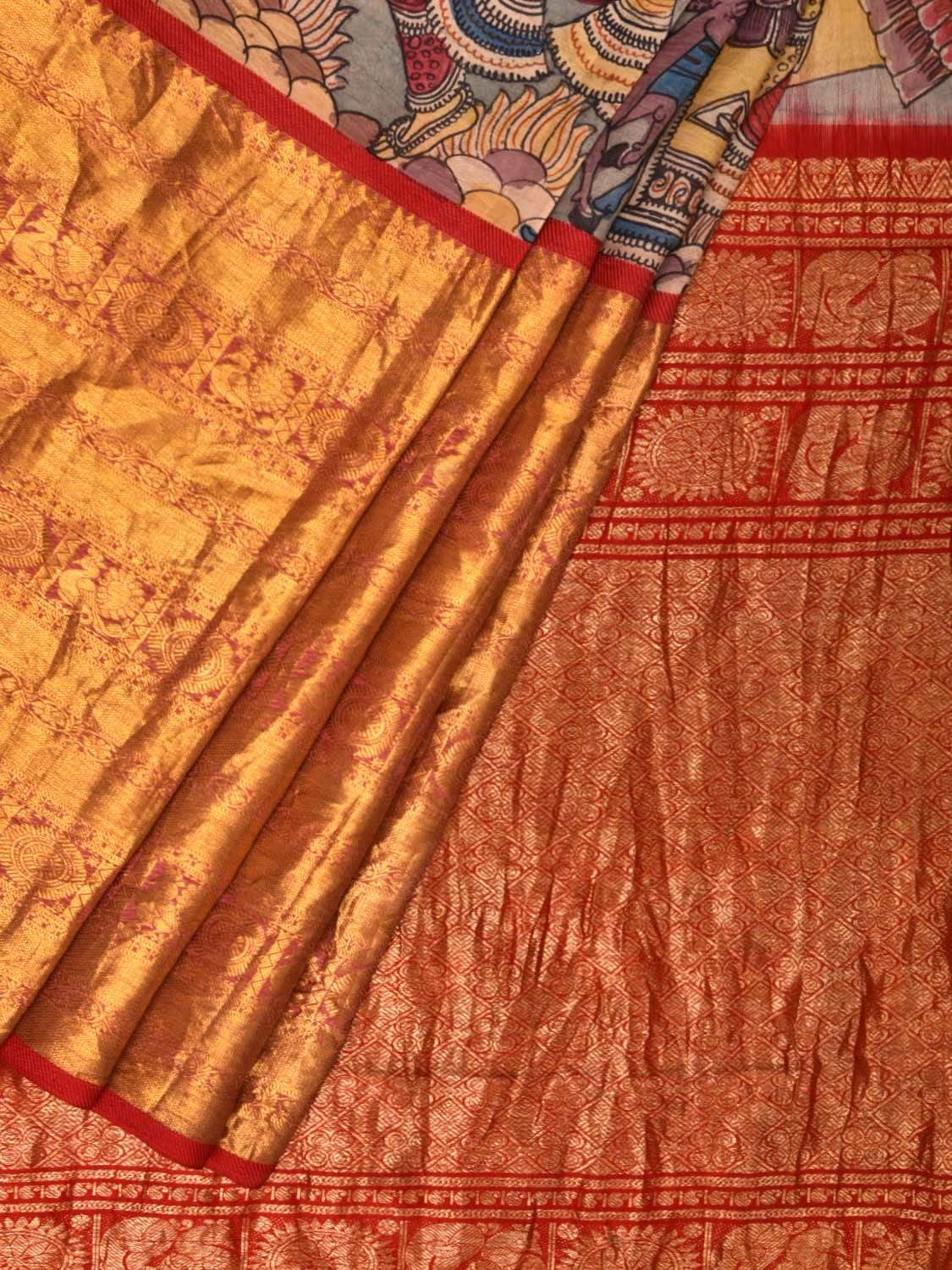 Light Grey Kalamkari Hand Painted Kanchipuram Silk Handloom Saree with Village Life Design KL0448