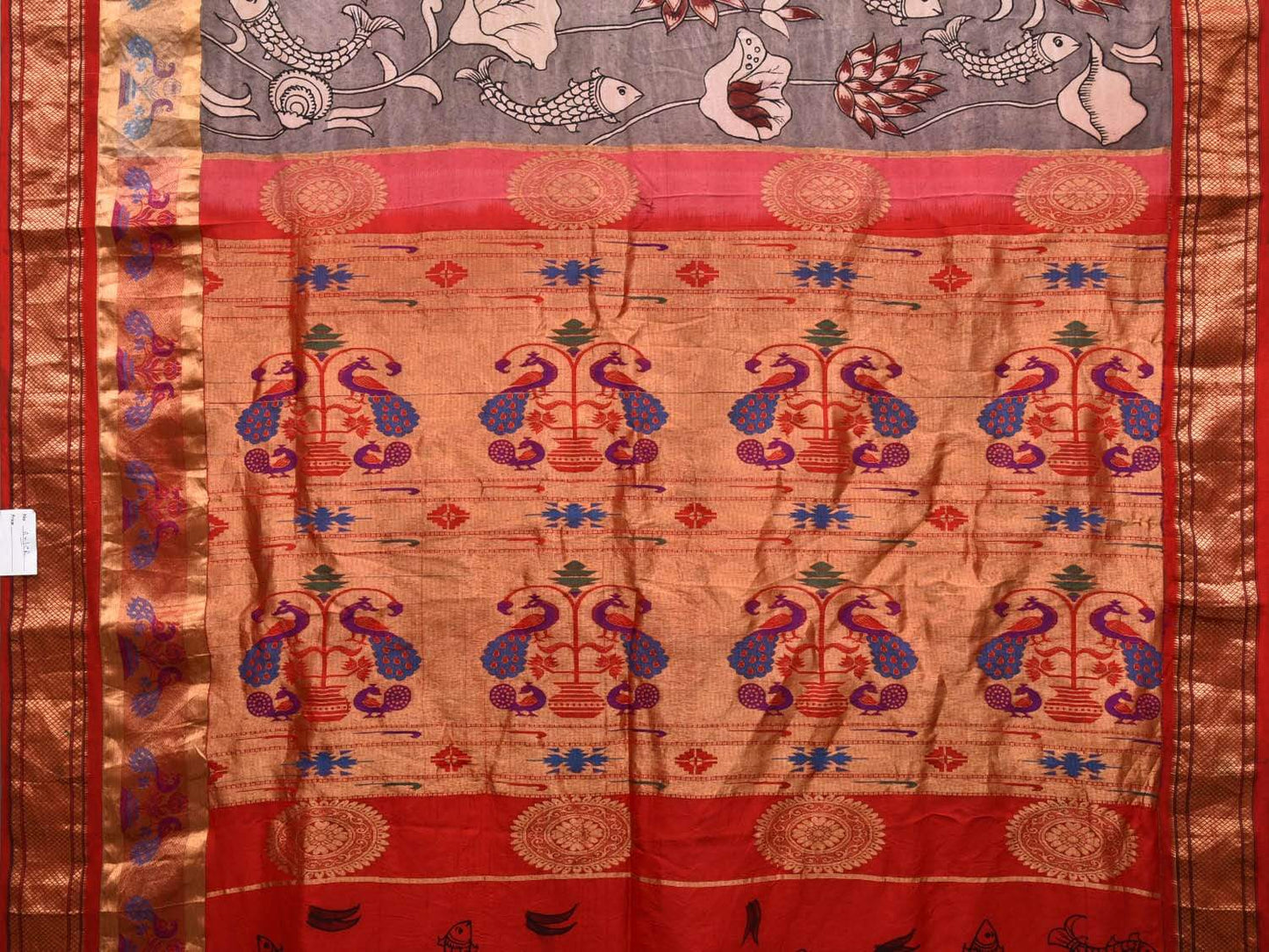 Light Grey Kalamkari Hand Painted Paithani Silk Handloom Saree with Flowers and Fishes Design KL0480