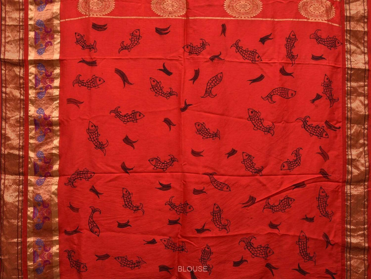 Light Grey Kalamkari Hand Painted Paithani Silk Handloom Saree with Flowers and Fishes Design KL0480