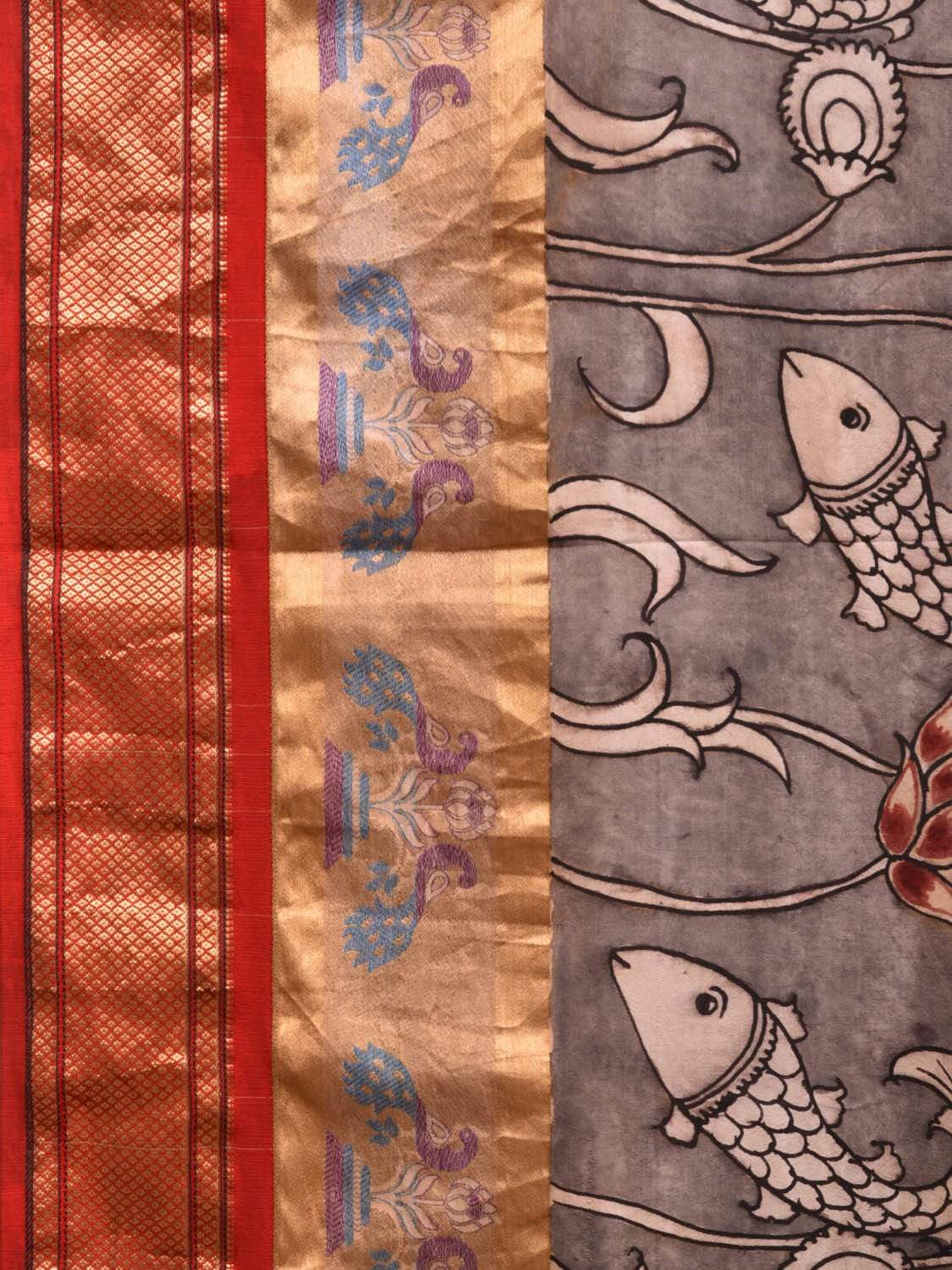 Light Grey Kalamkari Hand Painted Paithani Silk Handloom Saree with Flowers and Fishes Design KL0480
