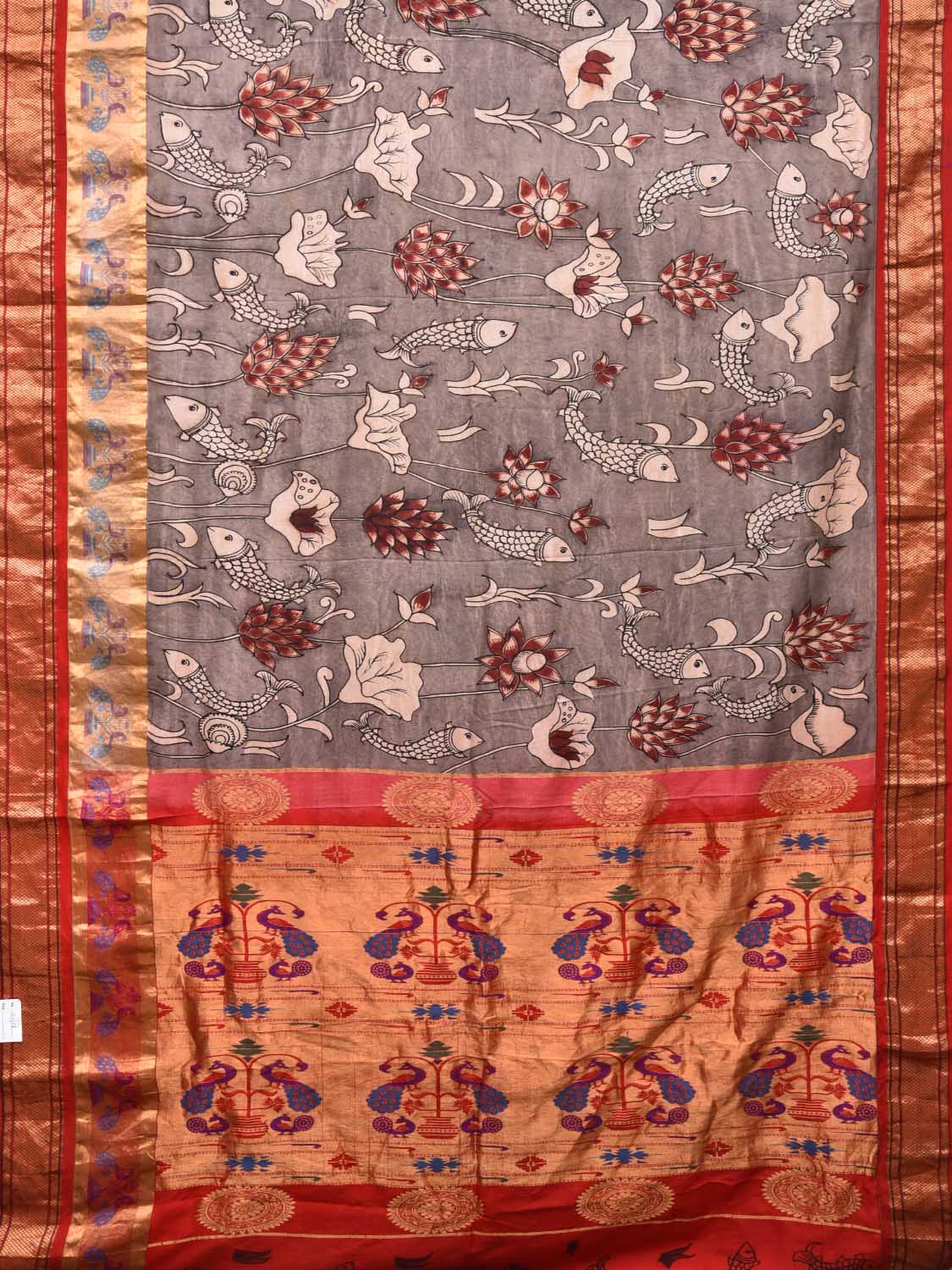 Light Grey Kalamkari Hand Painted Paithani Silk Handloom Saree with Flowers and Fishes Design KL0480