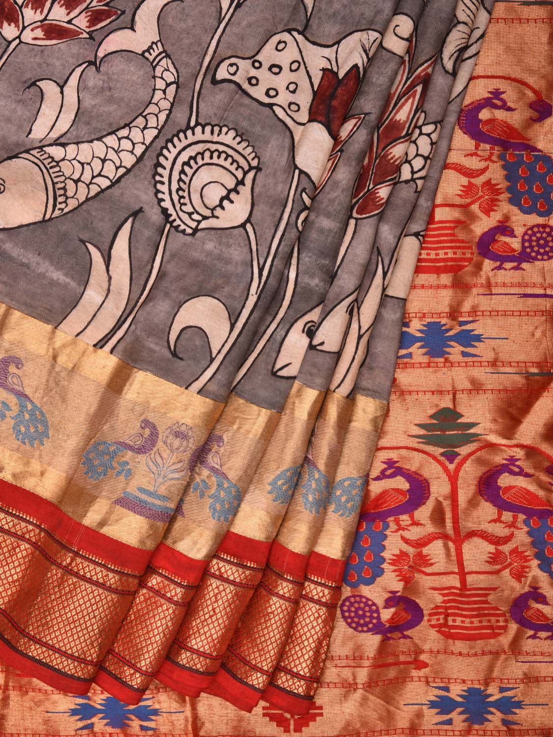 Light Grey Kalamkari Hand Painted Paithani Silk Handloom Saree with Flowers and Fishes Design KL0480
