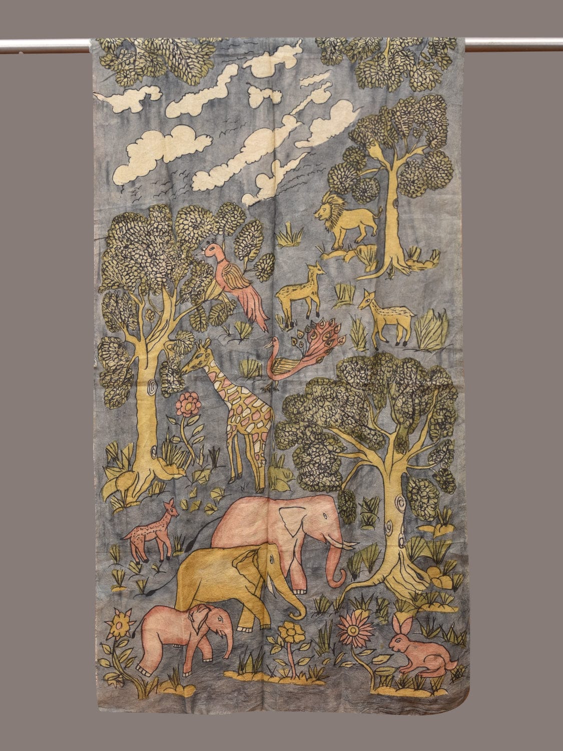 Light Grey Kalamkari Hand Painted Sico Stole with Animals Design ds3460
