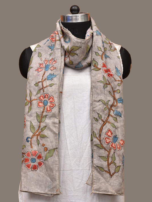 Light Grey Kalamkari Hand Painted Sico Stole with Floral Design ds3226