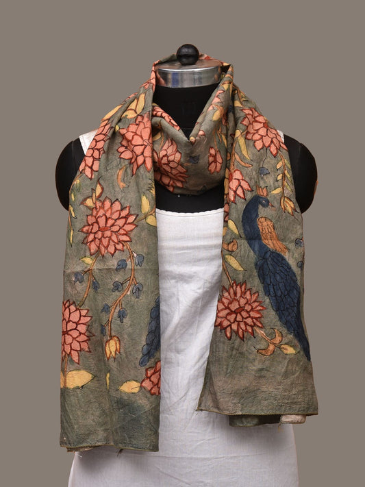 Light Grey Kalamkari Hand Painted Sico Stole with Lotus and Peacock Design ds3147