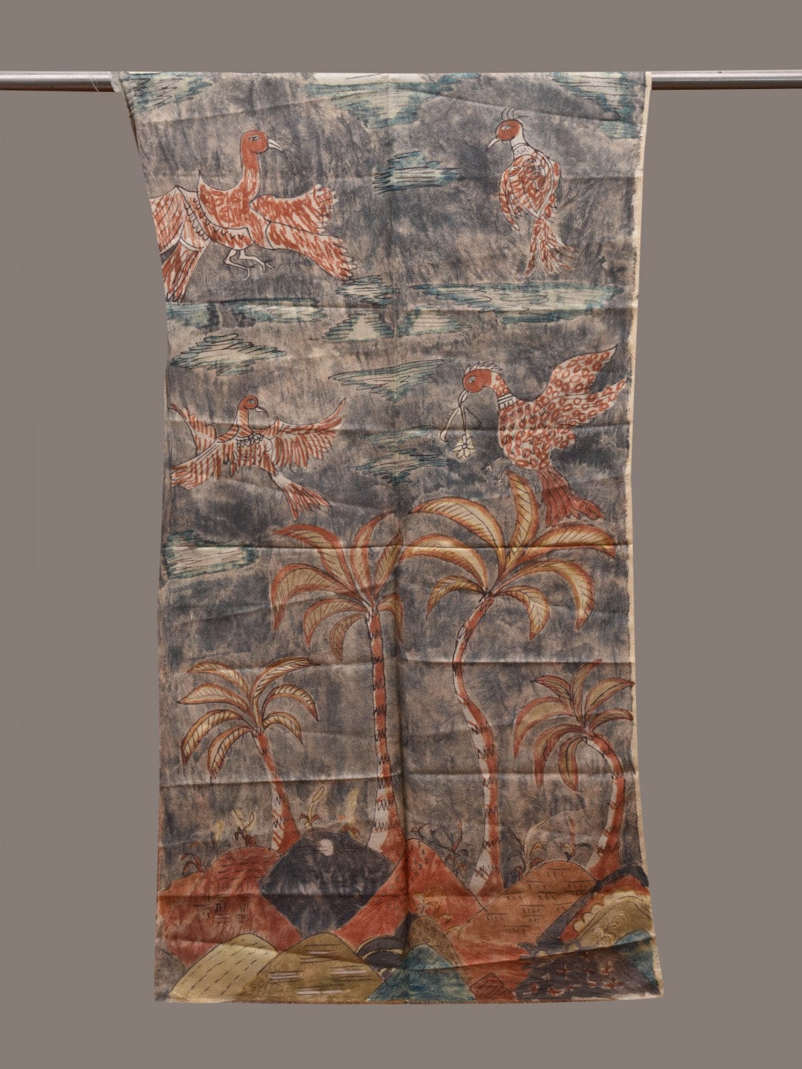 Light Grey Kalamkari Hand Painted Silk Handloom Stole with Birds and Coconut Trees Design ds2681