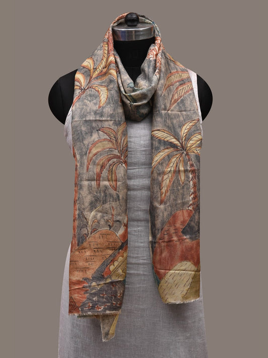 Light Grey Kalamkari Hand Painted Silk Handloom Stole with Birds and Coconut Trees Design ds2681