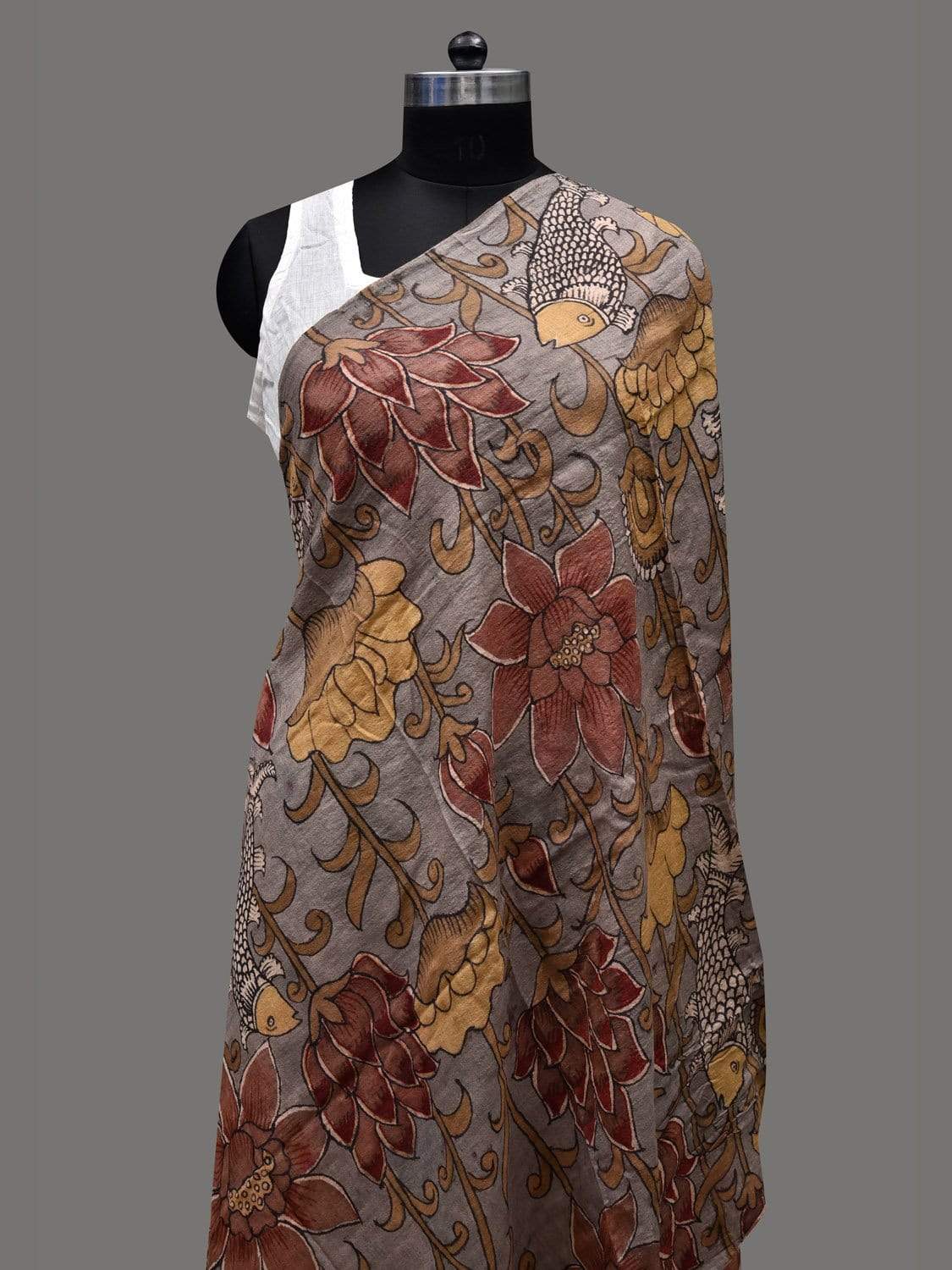 Light Grey Kalamkari Hand Painted Tussar Handloom Dupatta with Lotus and Fish Design ds2407
