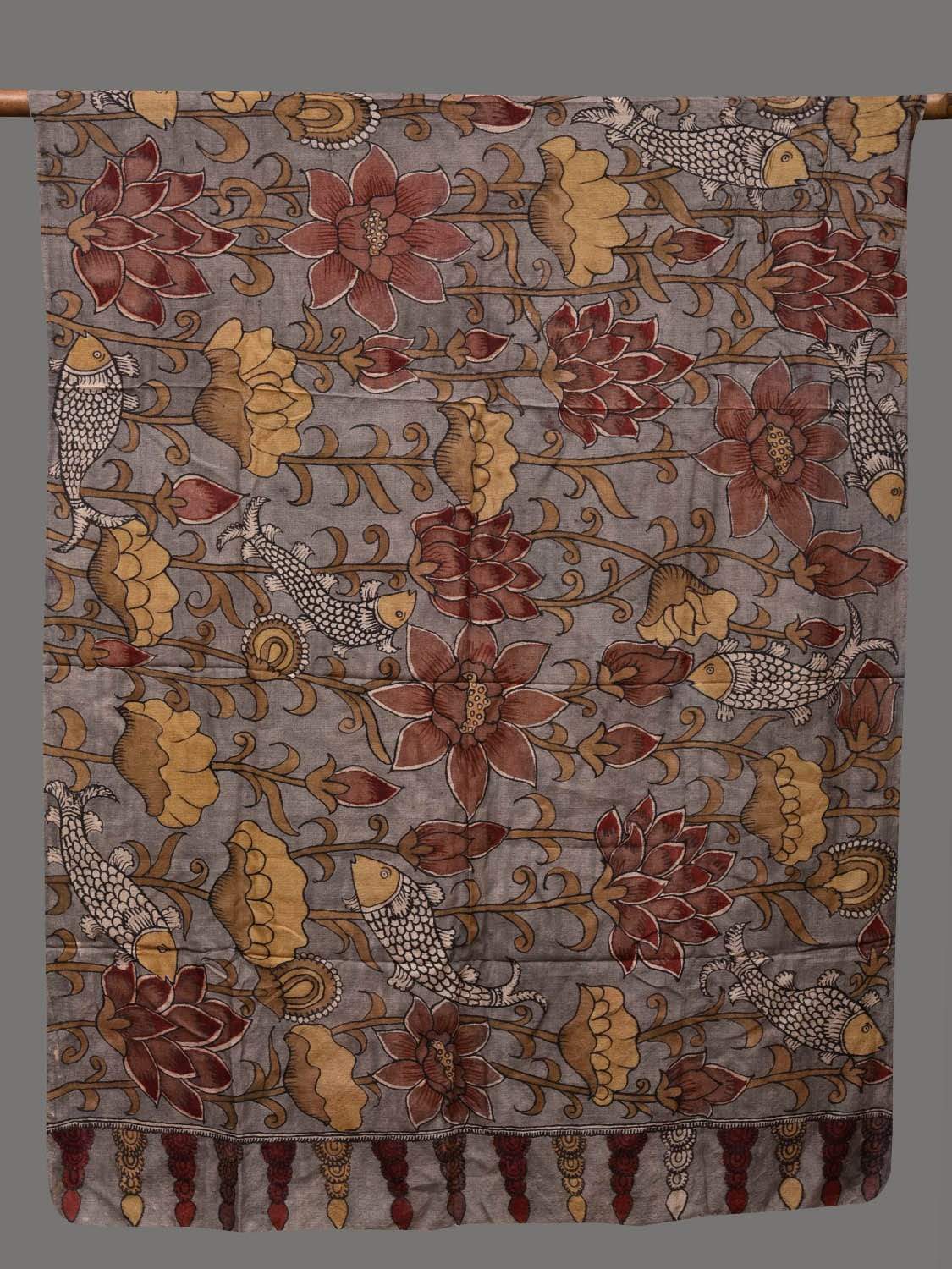 Light Grey Kalamkari Hand Painted Tussar Handloom Dupatta with Lotus and Fish Design ds2407