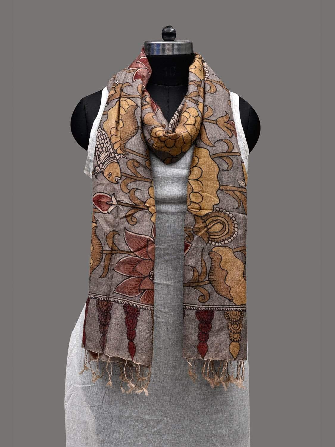 Light Grey Kalamkari Hand Painted Tussar Handloom Dupatta with Lotus and Fish Design ds2407