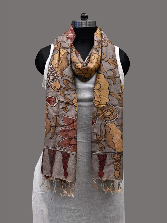 Light Grey Kalamkari Hand Painted Tussar Handloom Dupatta with Lotus and Fish Design ds2407