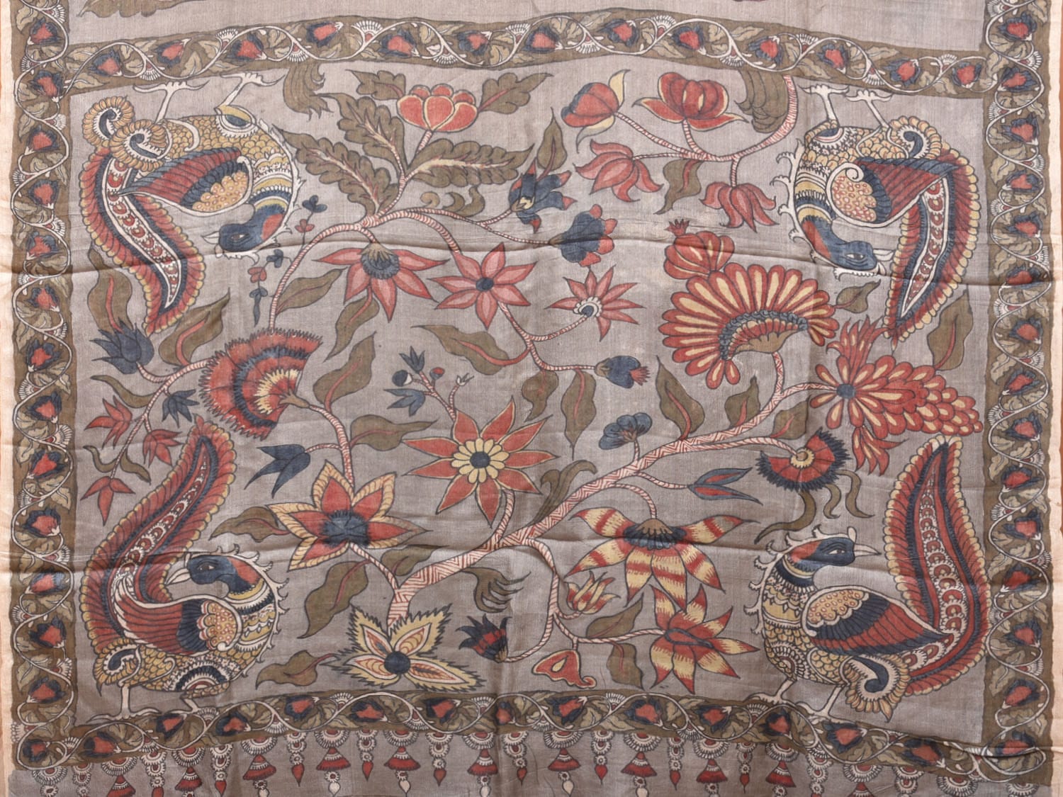 Light Grey Kalamkari Hand Painted Tussar Handloom Saree with Peacocks Pallu Design KL0738