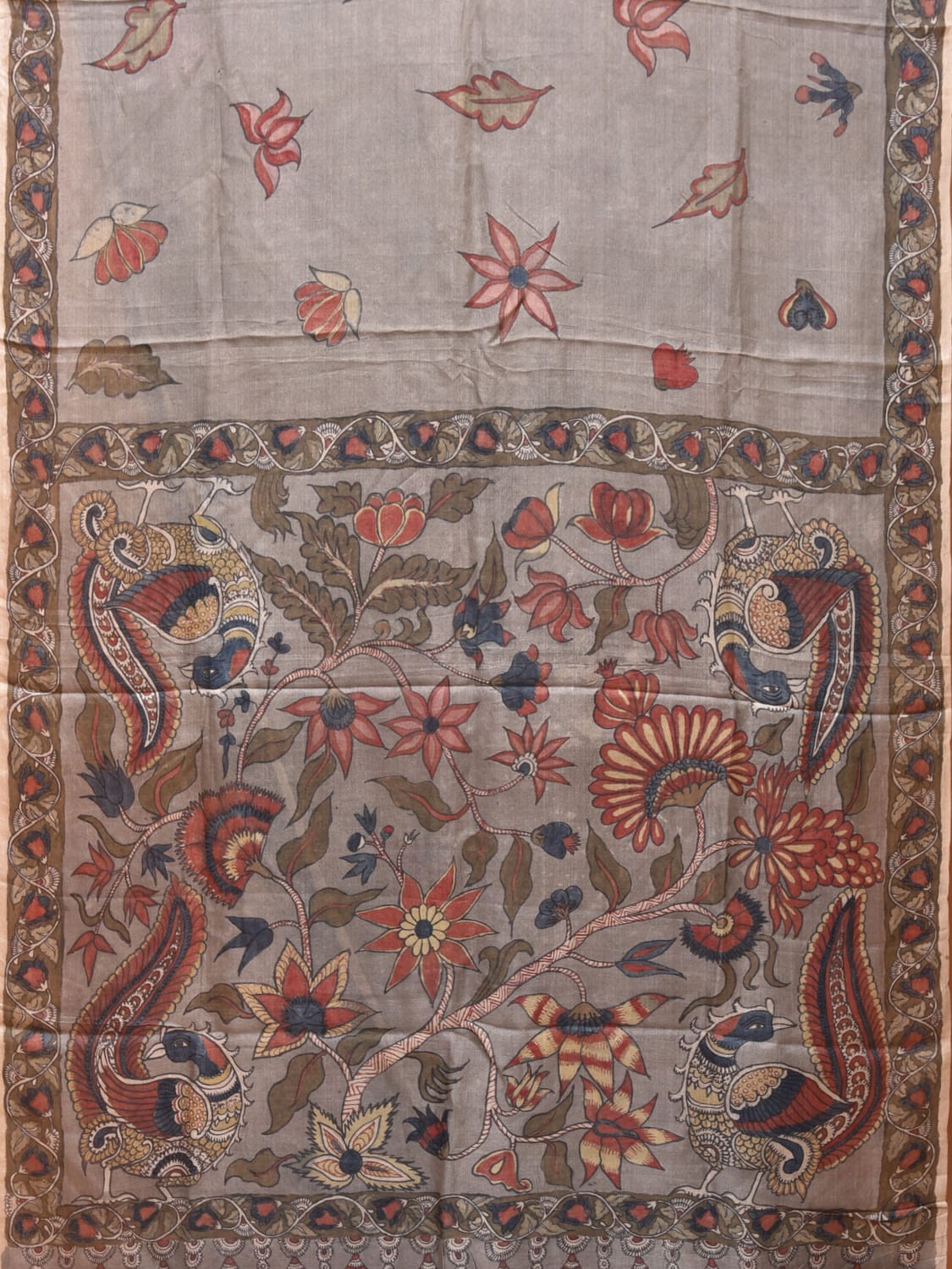 Light Grey Kalamkari Hand Painted Tussar Handloom Saree with Peacocks Pallu Design KL0738