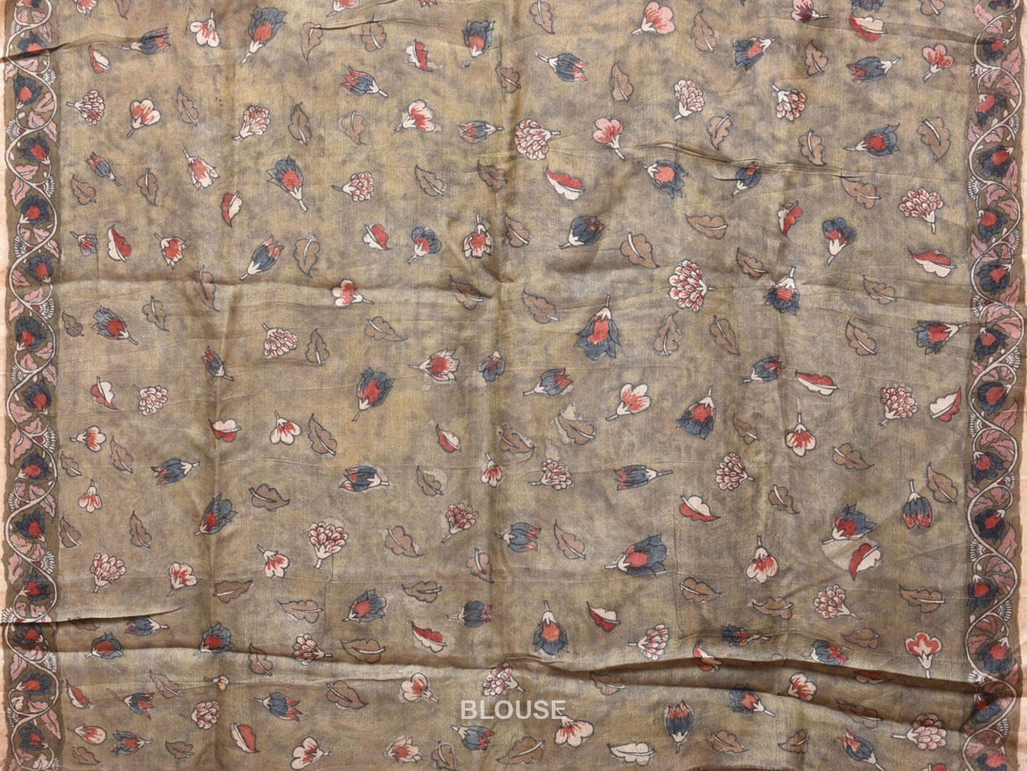 Light Grey Kalamkari Hand Painted Tussar Handloom Saree with Peacocks Pallu Design KL0738
