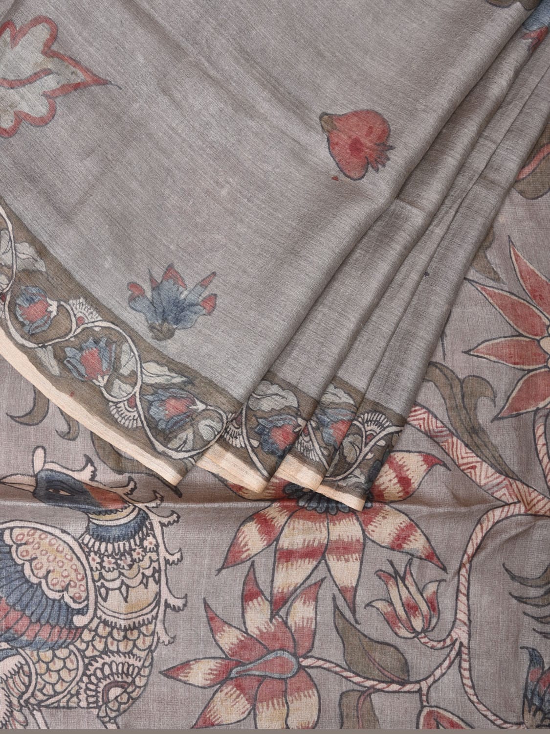 Light Grey Kalamkari Hand Painted Tussar Handloom Saree with Peacocks Pallu Design KL0738