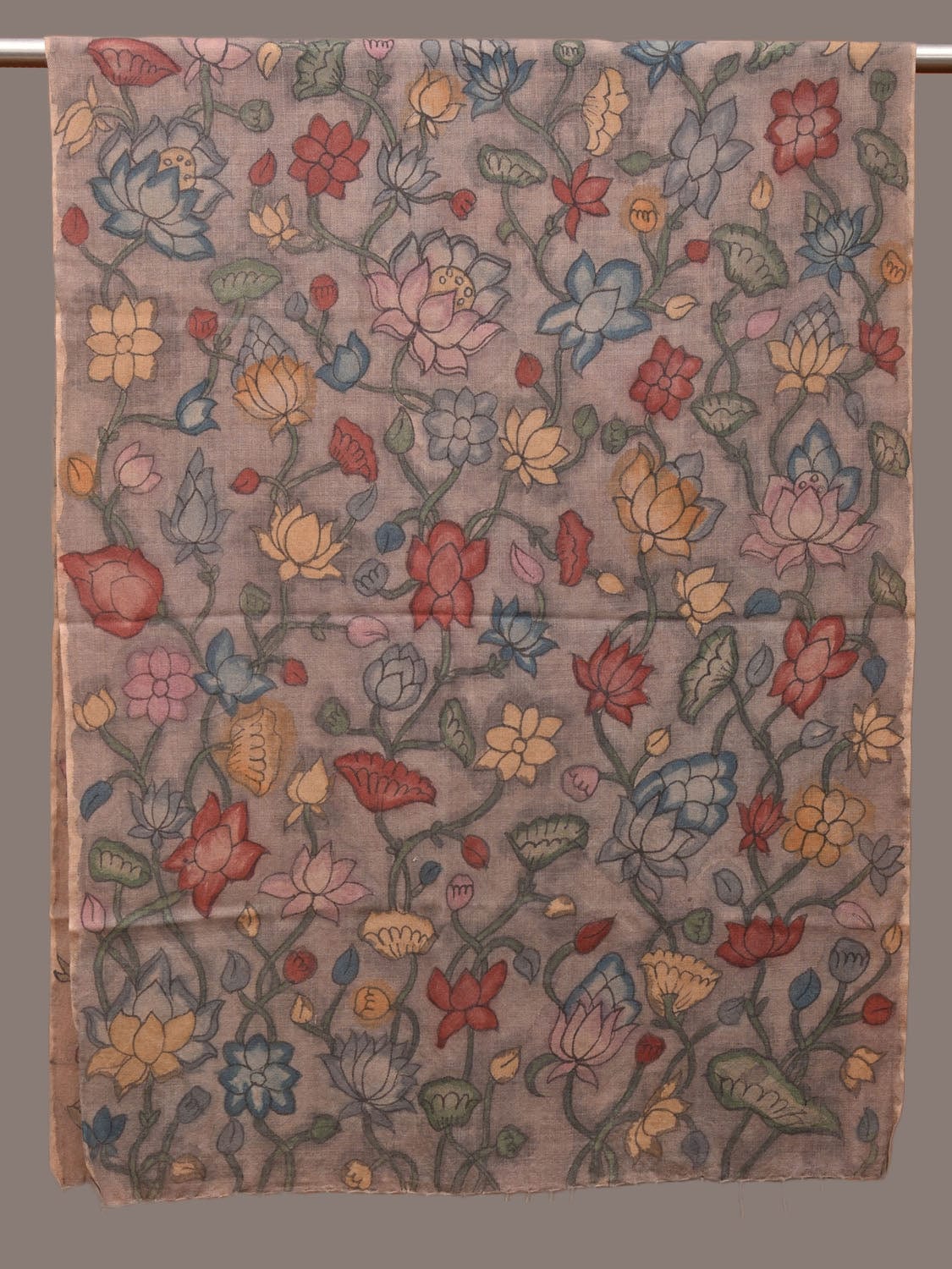 Light Grey Kalamkari Hand Painted Woolen Dupatta with Floral Design ds3214