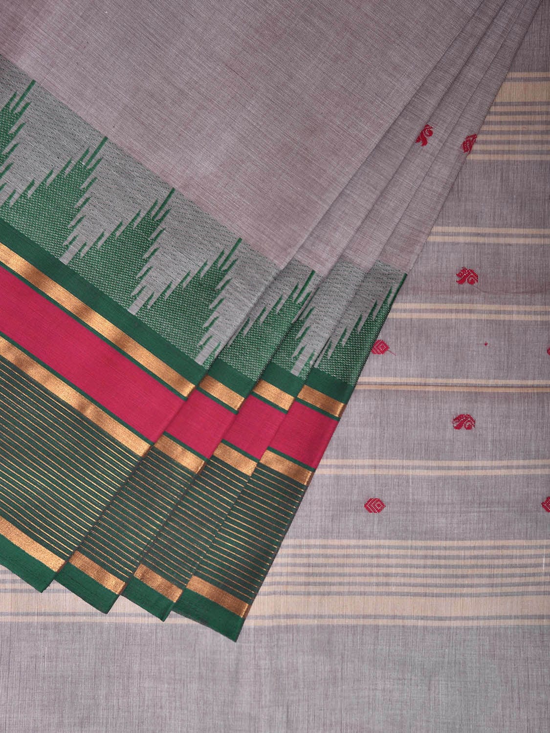 Light Grey Kanchipuram Cotton Saree with Ganga-Jamuna Temple Border Design k0812