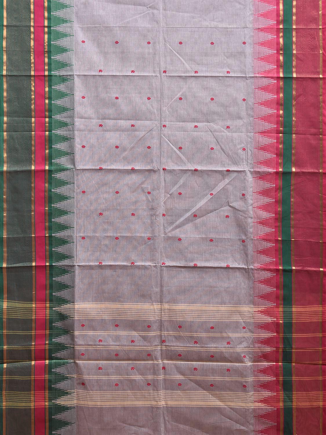 Light Grey Kanchipuram Cotton Saree with Ganga-Jamuna Temple Border Design k0812