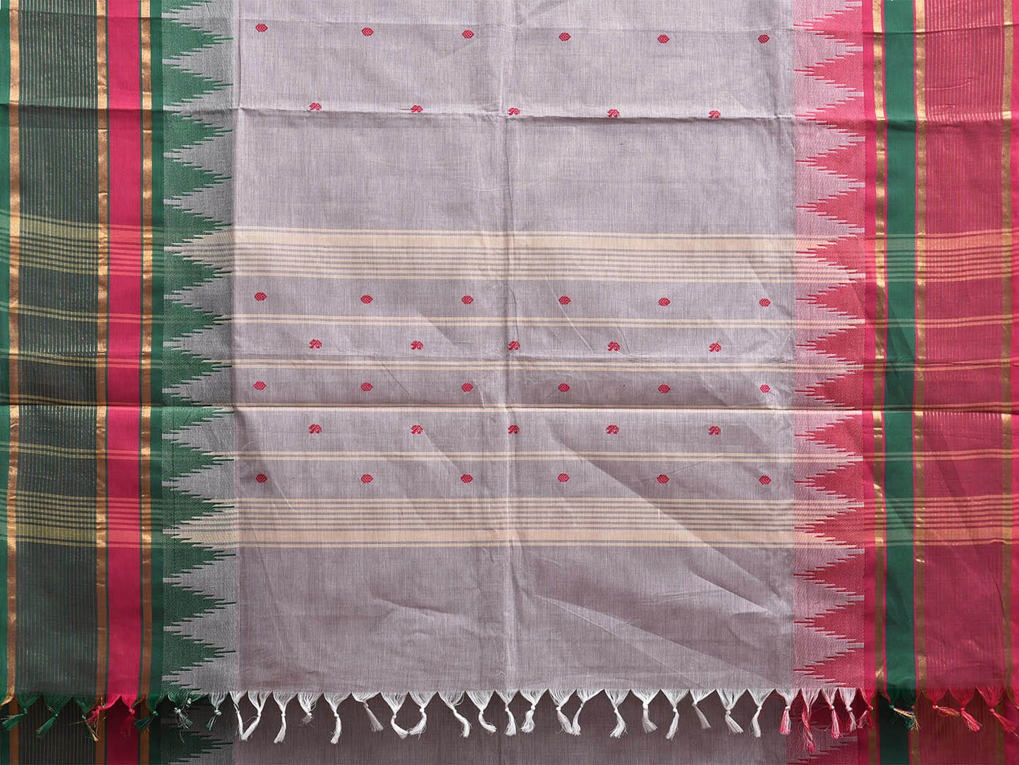 Light Grey Kanchipuram Cotton Saree with Ganga-Jamuna Temple Border Design k0812