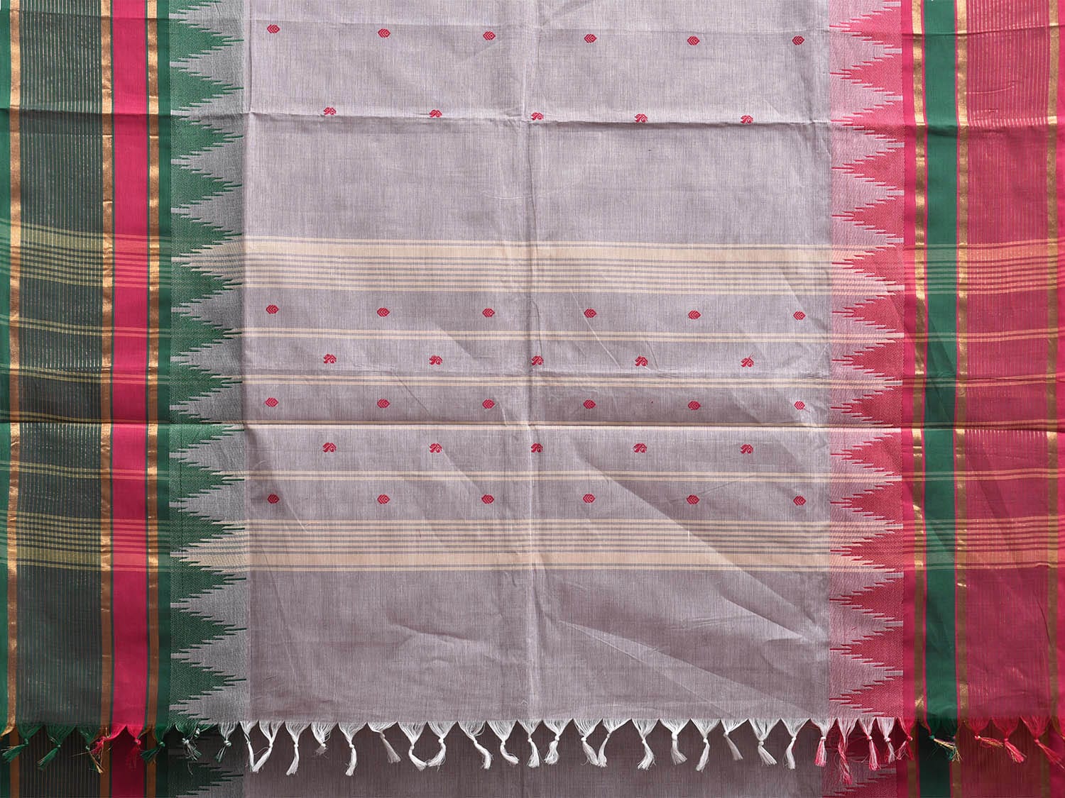 Light Grey Kanchipuram Cotton Saree with Ganga-Jamuna Temple Border Design k0812