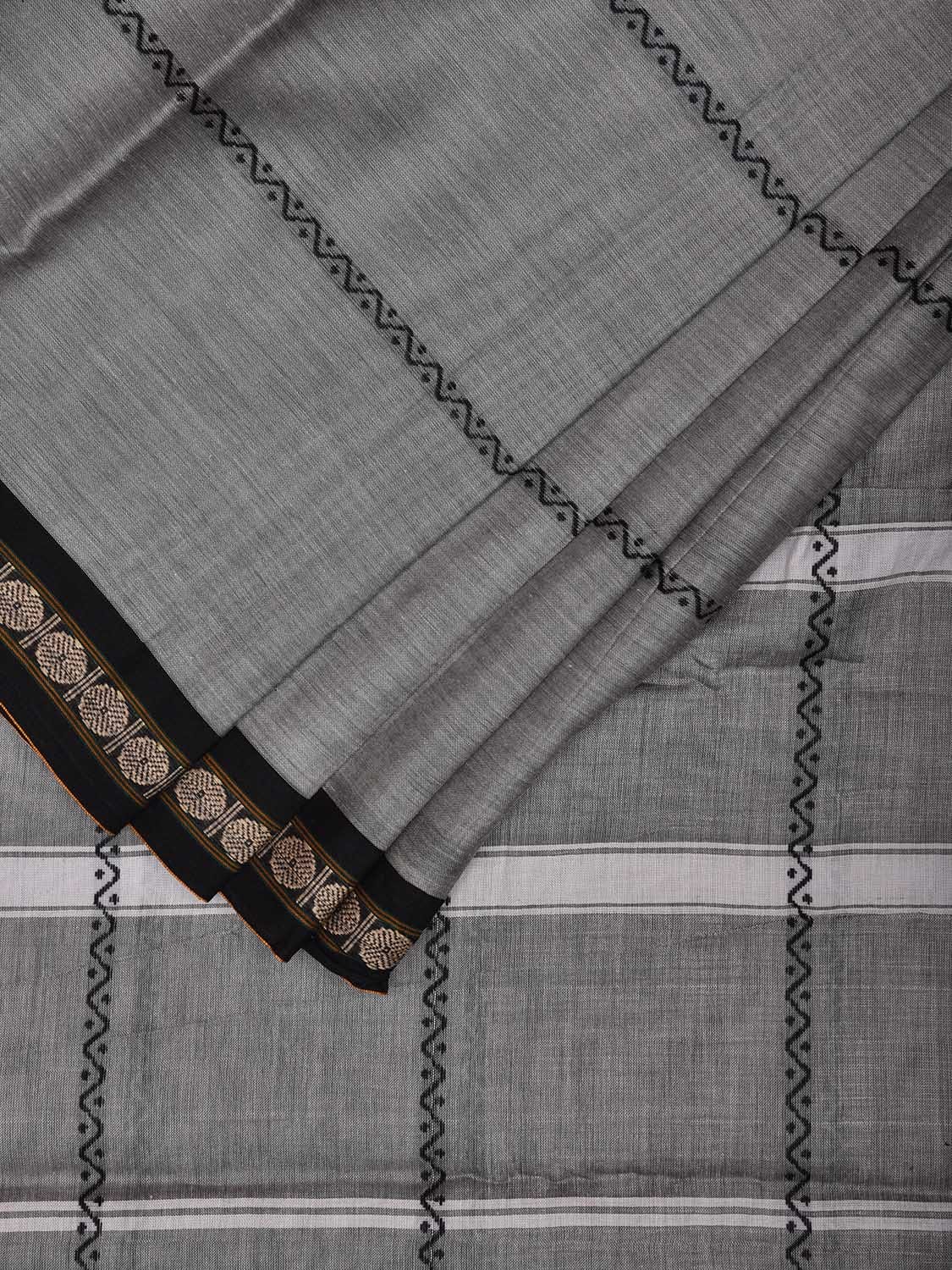 Light Grey Kanchipuram Cotton Saree with Strips Design k0778