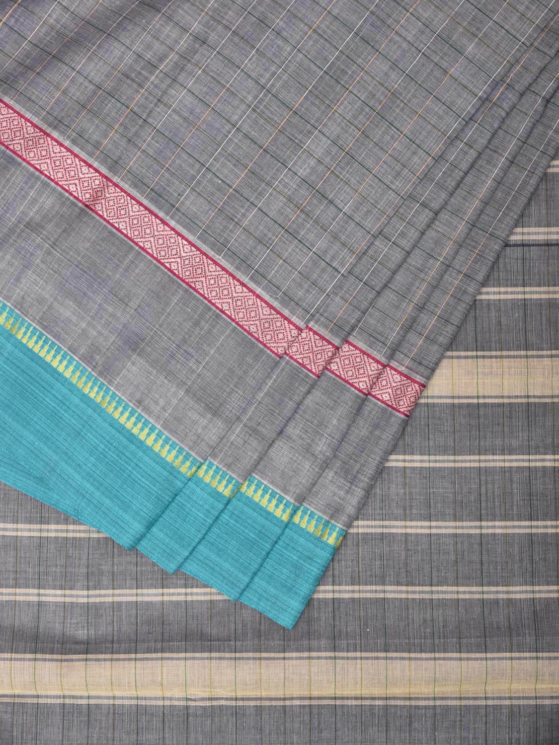 Light Grey Narayanpet Cotton Handloom Saree with Checks and Big Border Design No Blouse np0725