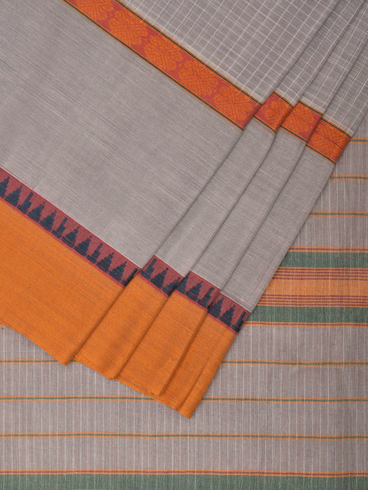 Light Grey Narayanpet Cotton Handloom Saree with Checks and Big Border Design No Blouse np0890