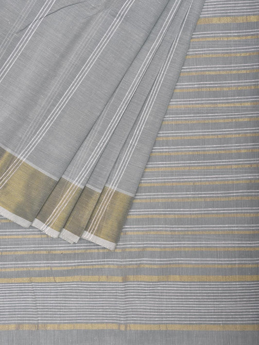 Light Grey Venkatagiri Cotton Saree with Strips Pallu Design v0088