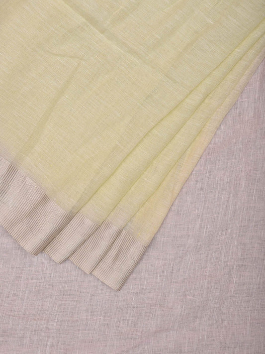 Light Lemon and White Lenin Plain Saree with Strip Border Design o0575