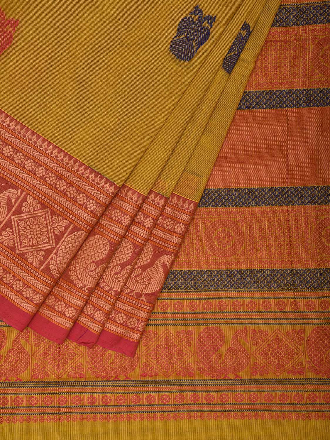 Light Olive and Orange Kanchipuram Cotton Saree with Gandaberunda Buta and Border Design k0741