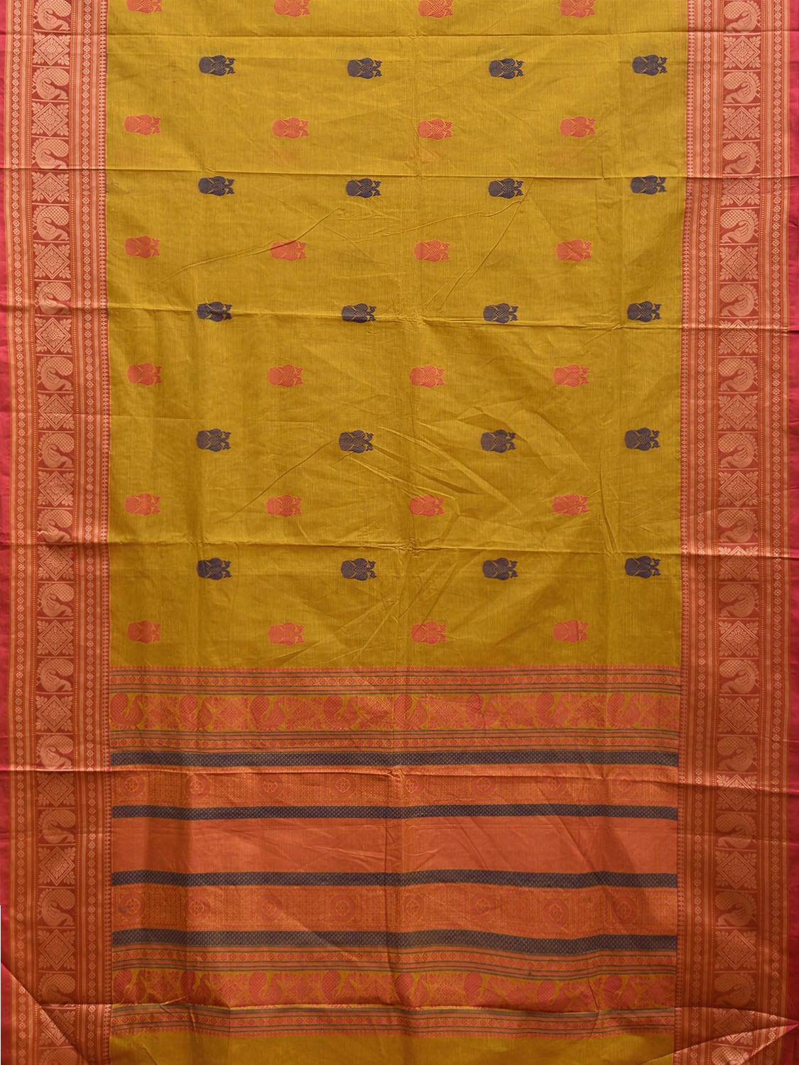 Light Olive and Orange Kanchipuram Cotton Saree with Gandaberunda Buta and Border Design k0741