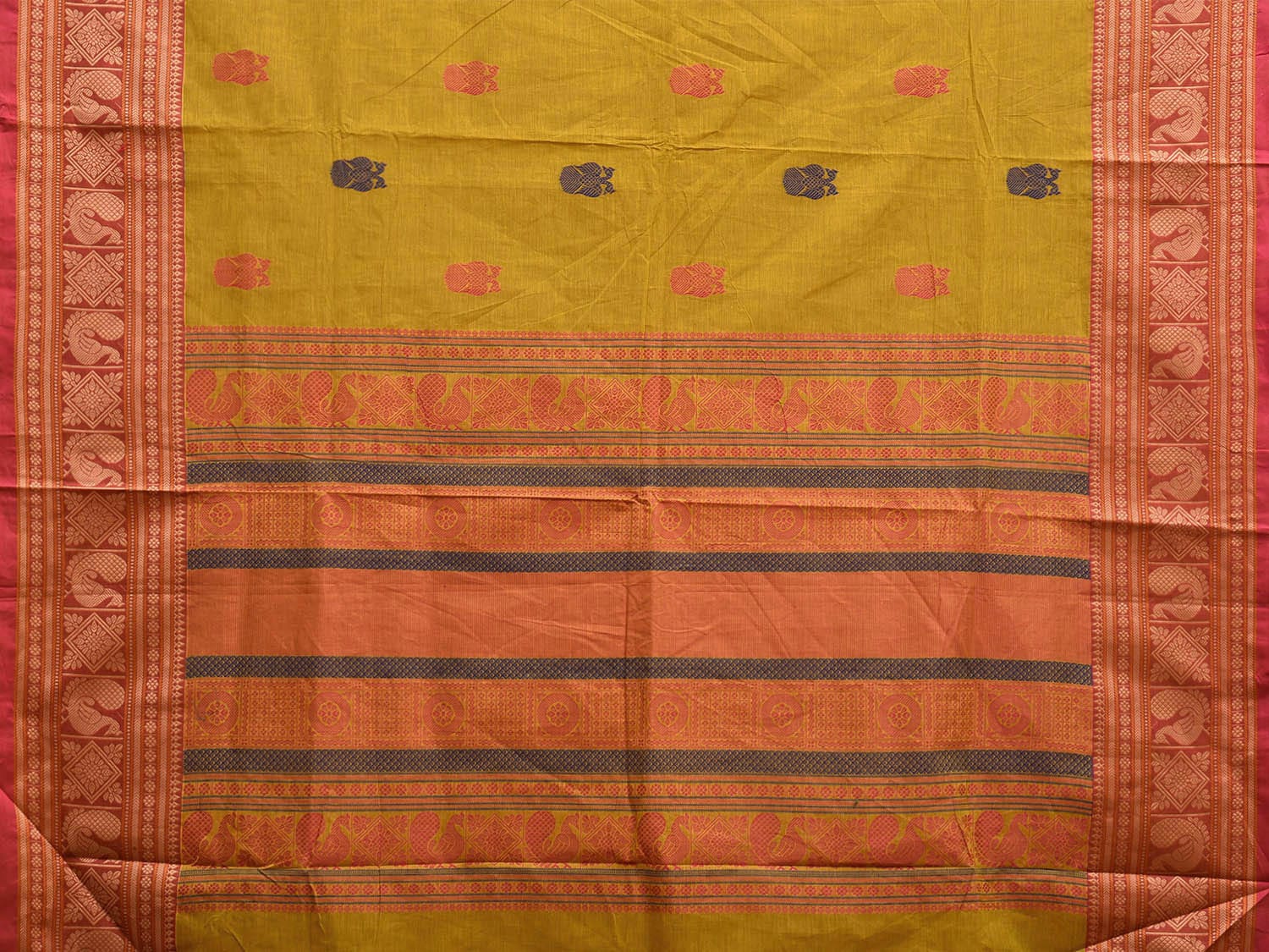 Light Olive and Orange Kanchipuram Cotton Saree with Gandaberunda Buta and Border Design k0741
