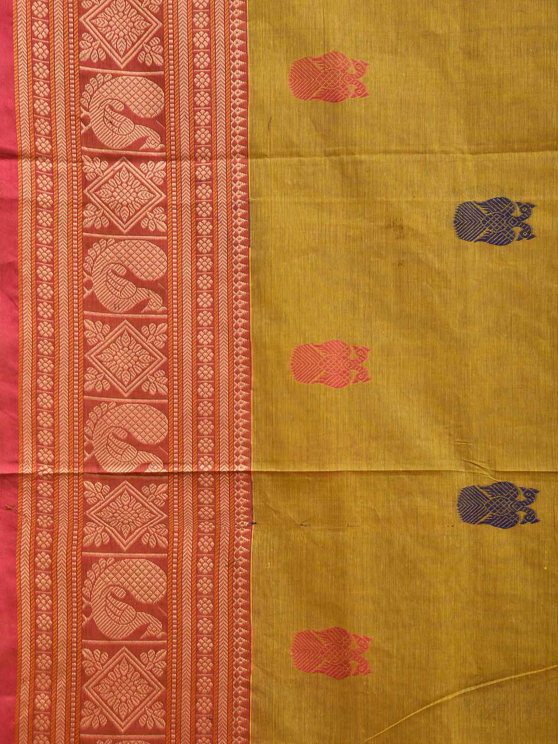 Light Olive and Orange Kanchipuram Cotton Saree with Gandaberunda Buta and Border Design k0741