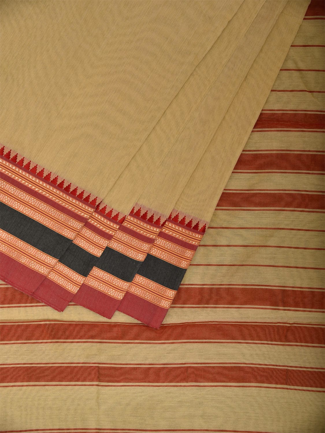 Light Olive Bamboo Cotton Plain Saree with Strips Pallu Design No Blouse bc0798