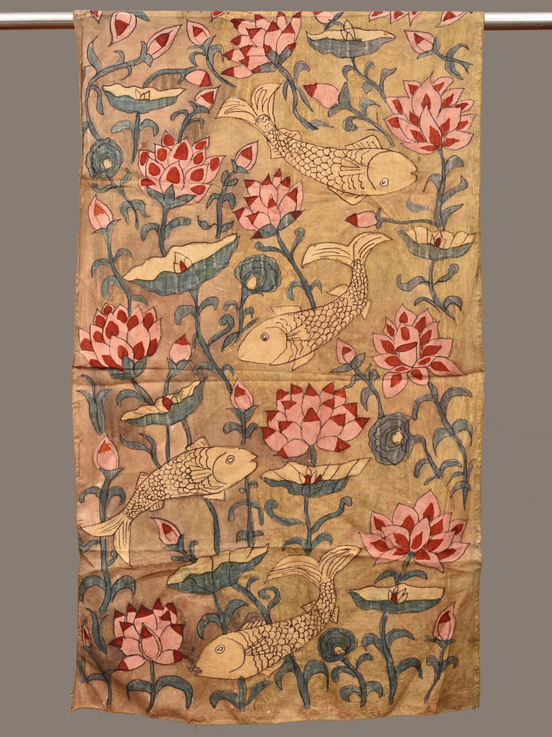 Light Olive Kalamkari Hand Painted Sico Stole with Fish and Lotus Design ds3222