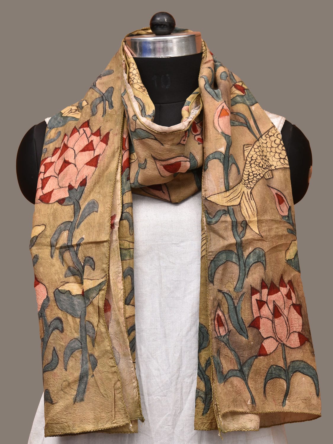 Light Olive Kalamkari Hand Painted Sico Stole with Fish and Lotus Design ds3222